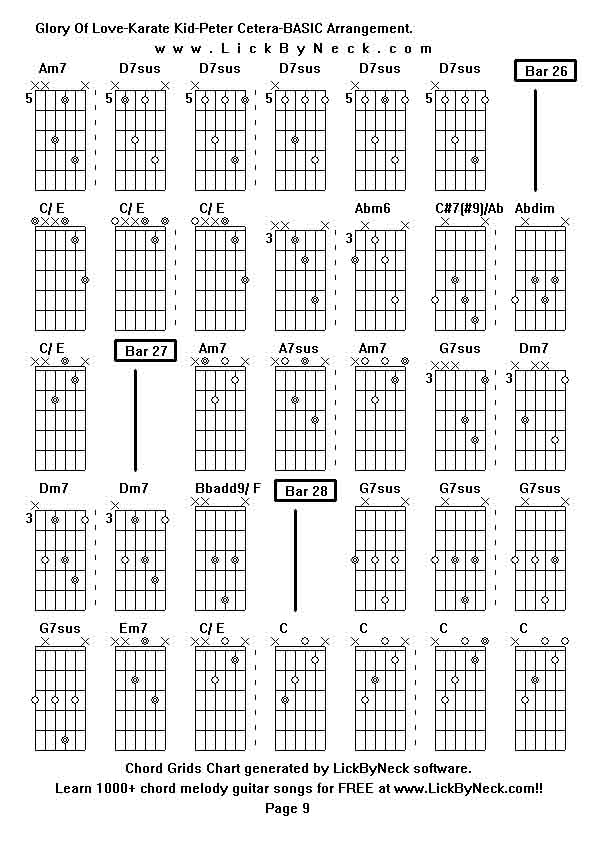 Chord Grids Chart of chord melody fingerstyle guitar song-Glory Of Love-Karate Kid-Peter Cetera-BASIC Arrangement,generated by LickByNeck software.